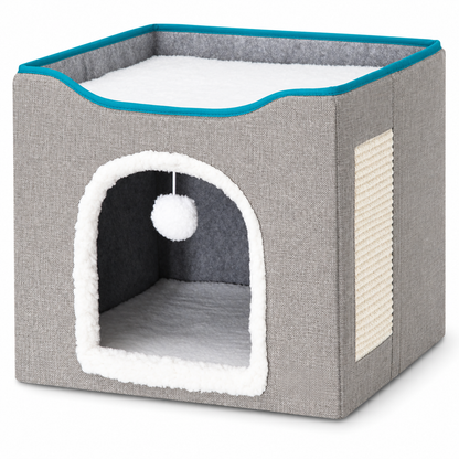 Cat House Bed for Indoor Cats with Fluffy Ball and Scratch Pad
