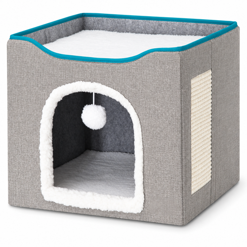 Cat House Bed for Indoor Cats with Fluffy Ball and Scratch Pad