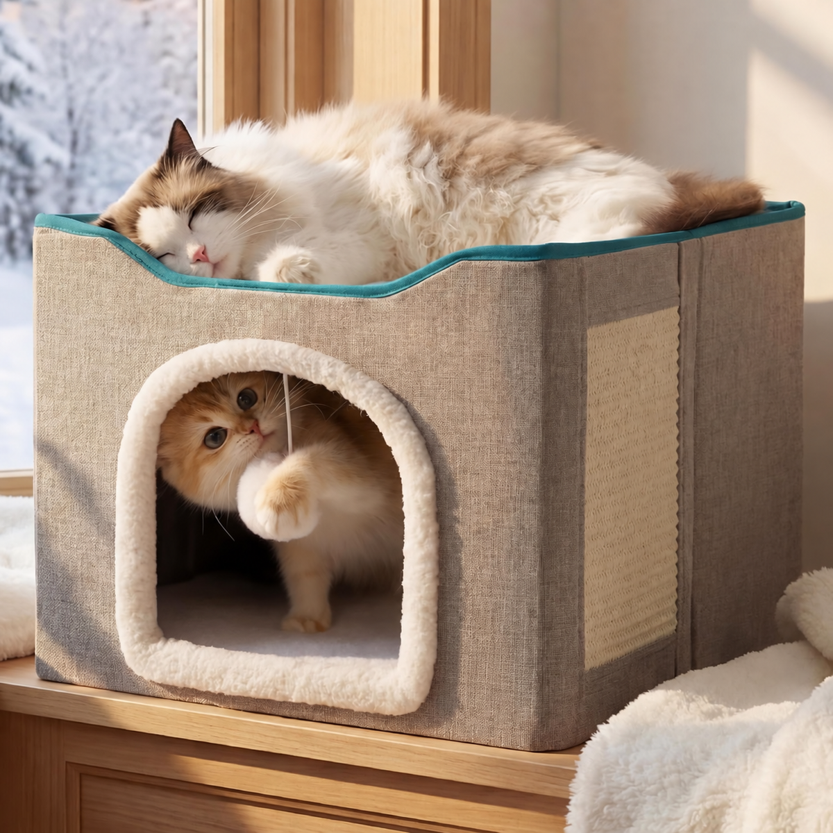 Cat House Bed for Indoor Cats with Fluffy Ball and Scratch Pad