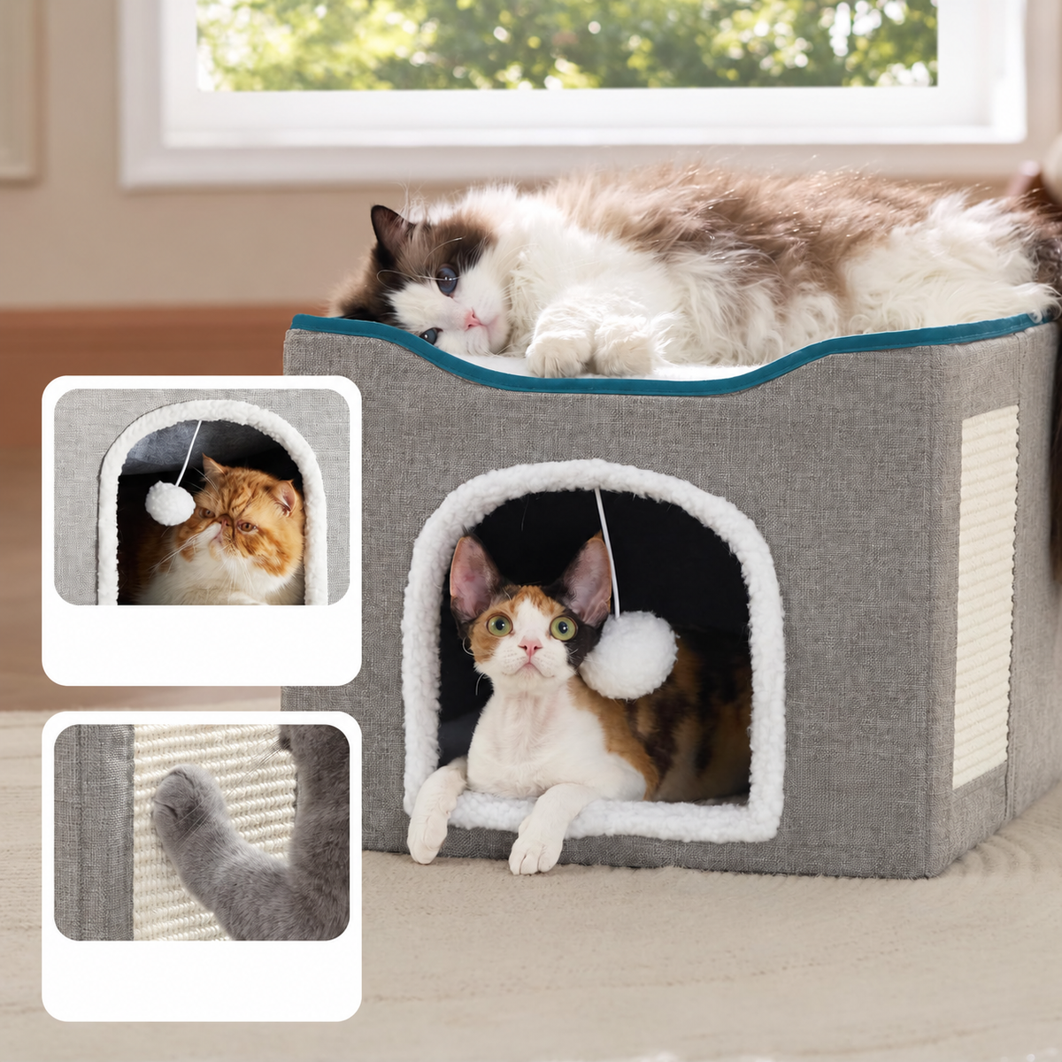 Cat House Bed for Indoor Cats with Fluffy Ball and Scratch Pad