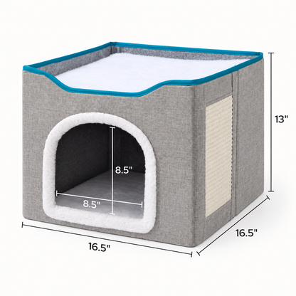 Cat House Bed for Indoor Cats with Fluffy Ball and Scratch Pad
