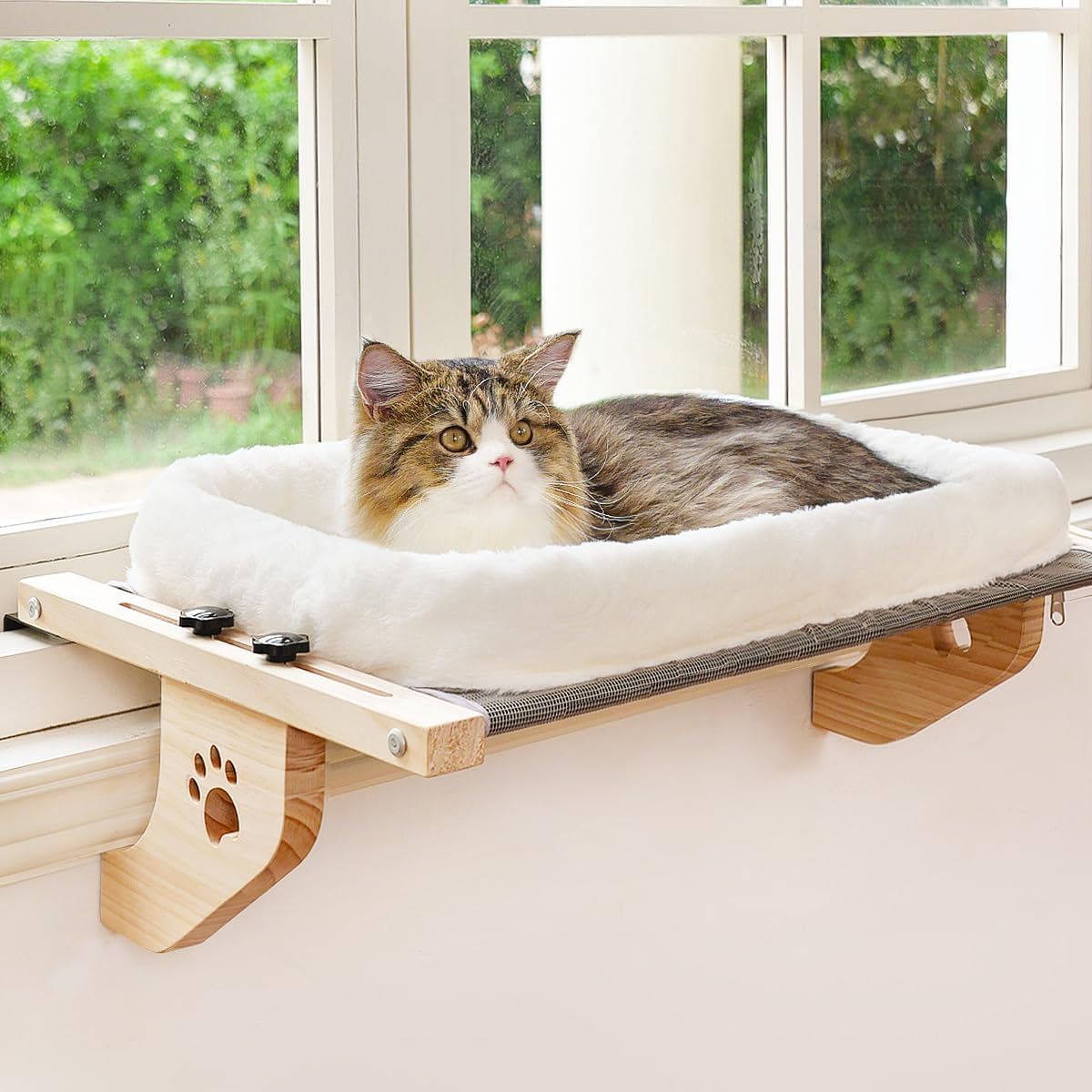 Wooden Cat Windowsill Perch with Zipper Cushion Bed